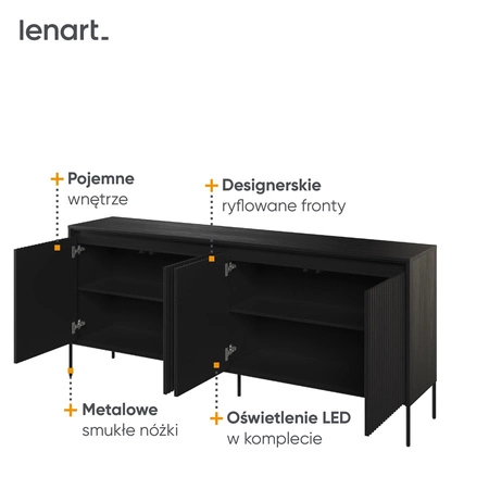 Komoda Trend 193 cm czarna wyjątkowy design pojemna komoda do salonu z oświetleniem LED charakterystyczne ryflowane fronty
