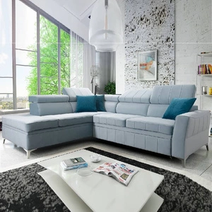 Narożnik z funkcją spania Rava III błękitny lewostronny velvet komfortowy narożnik z regulowanymi zagłówkami i pojemnikiem na pościel