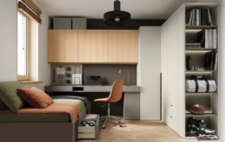 Regał Woow 55 cm szampański / eukaliptus wąski regał z funkcjonalnym oświetleniem doskonały dodatek do pokoju nastolatka