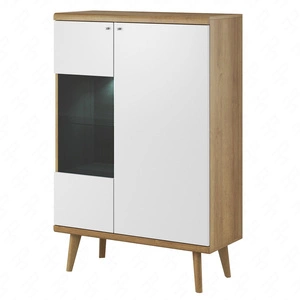 Witryna niska Primo 90 cm dąb riviera / biały nowoczesny design w stylu skandynawskim obrzeża wykończone specjalną okleiną bezpieczne szkło