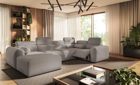 Narożnik z funkcją spania Cantare IV Lux szary popiel lewostronny starannie wykonany narożnik do salonu z podnoszonym podnóżkiem