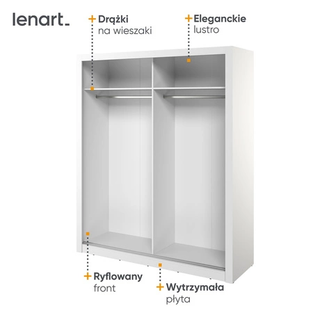 Szafa przesuwna z lustrem Arti 180 cm biała nowoczesna szafa o wyjątkowym designie ryflowany front z subtelnym oświetleniem