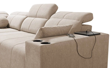 Narożnik z funkcją spania Tesalia II Lux miodowy lewostronny wygodny narożnik z przesuwanym oparciem oraz wysuwanym podnóżkiem