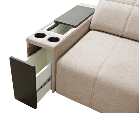 Narożnik z funkcją spania Tesalia IX zielony prawostronny nowoczesny design komfortowe przesuwane oparcie szuflada w boczku mebla