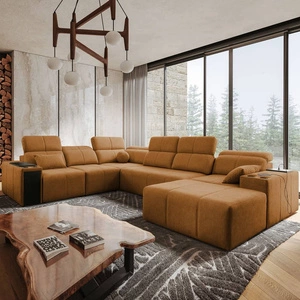 Narożnik z funkcją spania Tesalia VIII miodowy prawostronny komfortowy narożnik do salonu z innowacyjną funkcją przesuwanego oparcia