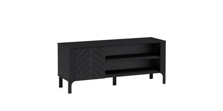 Szafka RTV Malumi 135 cm czarna nowoczesna forma szafka pod telewizor z ozdobnym wzorem jodełki na frontach wysokie nogi