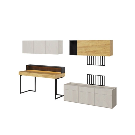 Meblościanka Teen Flex hikora naturalna / silk flou / raw steel designerskie meble z dużym biurkiem wpisujące się w trendy aranżacyjne