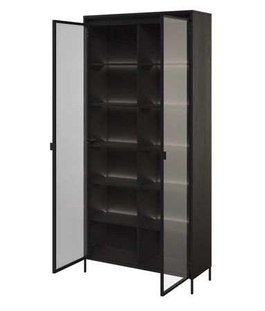 Zestaw mebli Trend czarny nowoczesny design meble z klimatycznym oświetleniem w postaci paska led pod górnym blatem ryflowane fronty