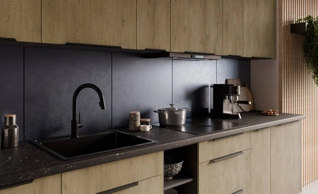 Zestaw mebli kuchennych Corsico 300 cm eleganckie szafki kuchenne z metalowymi uchwytami krawędziowymi szafka z koszem cargo