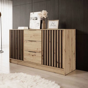 Komoda z szufladami Aspen 155 cm dąb artisan / czarne lamele nowoczesny design mebla drzwi komody ozdobione lamelami