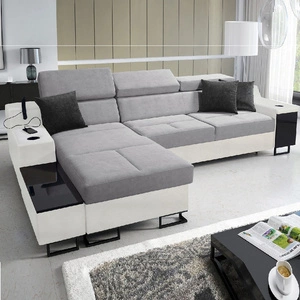 Narożnik z funkcją spania Alcamo siwy / biały lewostronny elegancki i stylowy narożnik z dostawką praktyczna szuflada w boczku mebla