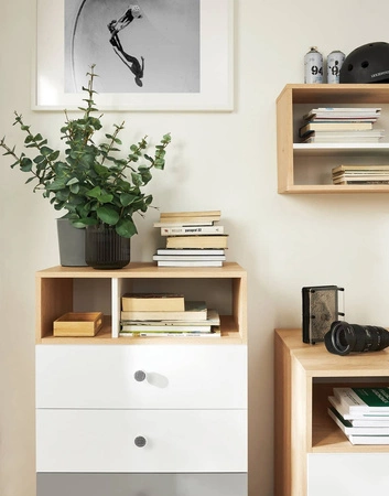 Zestaw mebli Pixel dąb biszkoptowy / biały / szary idealna propozycja do pokoju młodzieżowego lub dziecięcego w modnym stylu