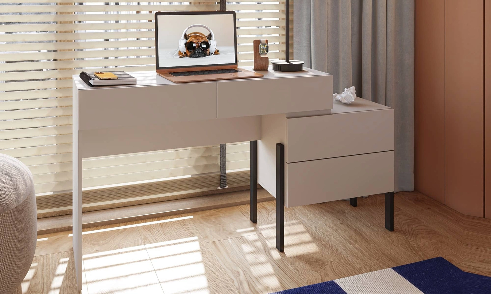 Biurko Jukon z komodą 143 cm w kolorze beżowym