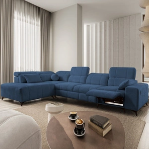 Narożnik z funkcją spania Penejos XI Lux niebieski lewostronny stylowy narożnik rozkładany z komfortowym wysuwanym podnóżkiem