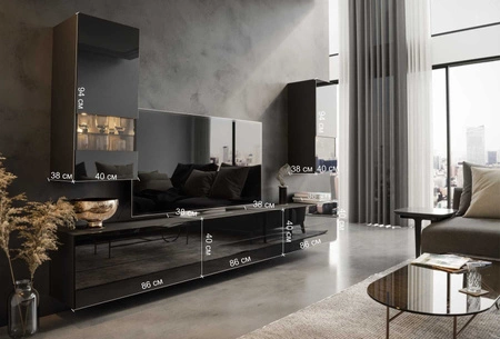 Meblościanka Pirgos czarna / czarny połysk minimalistyczny design meblościanka do salonu lub pokoju dziennego system push to open