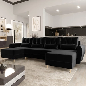 Narożnik z funkcją spania Rovigo U czarny elegancki narożnik w skandynawskiej formie z gwarancją komfortu duży pojemnik na pościel