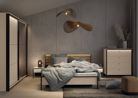 Szafa przesuwna z lustrem Enna 220 cm beżowy / czarny elegancki design doskonała szafa do sypialni lub garderoby oświetlenie LED