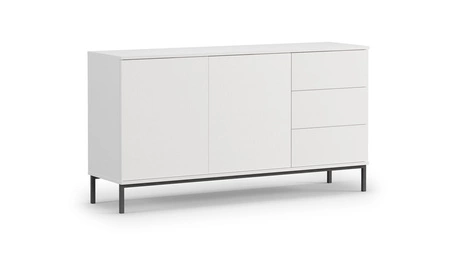 Zestaw mebli Tutti biały prosta forma meblościanki bryły wsparte na metalowej czarnej podstawie bezuchwytowy system push to open