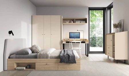 Regał z szufladami Olivio 80 cm beż piaskowy / dąb olejowany elegancki design stabilne wysokie nogi regał z szufladami