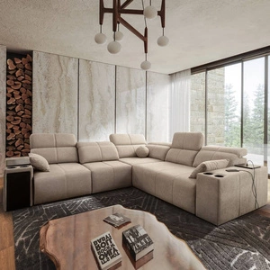 Narożnik z funkcją spania Tesalia III beżowy lewostronny komfortowy narożnik z przesuwanym oparciem dwa pojemniki na pościel