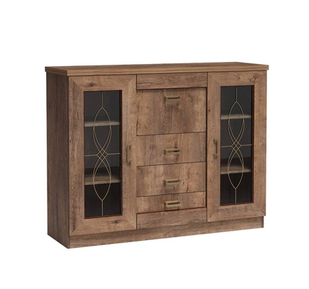 Komoda z szufladami Tade 140 cm dąb lefkas elegancka stylistyka komoda ozdobina subtelnymi ornamentami na szklanym froncie idealna do salonu