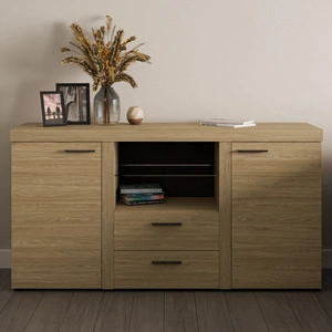 Komoda z szufladami Rene 156 cm dąb olejowany elegancki i uniwersalny styl komody do salonu gustowne czarne uchwyty