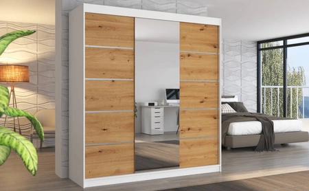 Szafa przesuwna z lustrem Bergen 200 cm biały / dąb artisan klasyczna forma dekoracyjne listwy na frontach szafy do przedpokoju