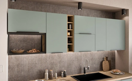 Zestaw mebli kuchennych Treviso Ar 255 cm stylowe szafki kuchenne z frontami wykonanymi w technologii anti fingerprint metalowe uchwyty