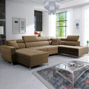 Narożnik z funkcją spania Nausa VI jasny brąz lewostronny stylowy narożnik do salonu o komfortowym wykończeniu miękka tkanina typu velvet