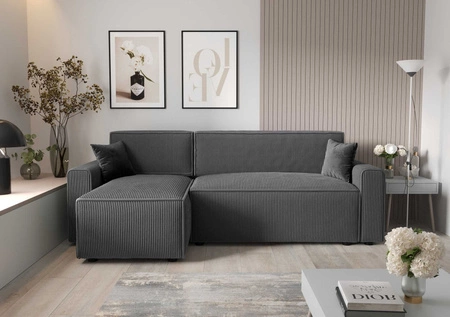 Narożnik z funkcją spania Brandon Bis szary lewostronny trójwymiarowa tkanina o wyrazistych prążkach pojemnik na pościel