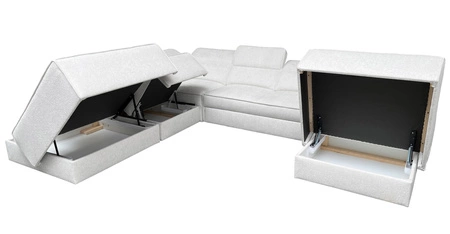 Narożnik z funkcją spania Viano X szary błękit prawostronny designerski narożnik do salonu w nowoczesnym stylu regulowane zagłówki