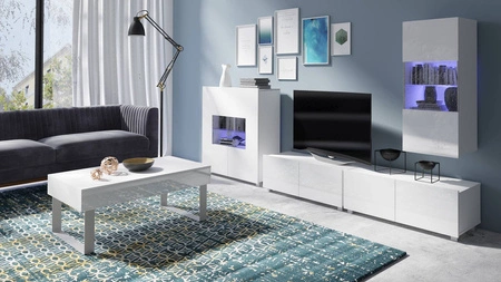 Zestaw mebli Apulia XXII biały połysk wyjątkowo stylowa meblościanka do salonu proste bryły wpisujące się w każde wnętrze