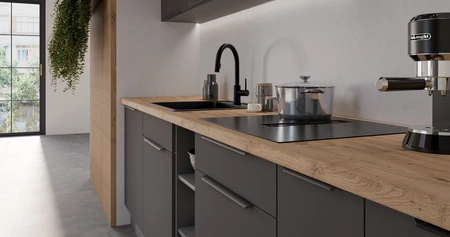 Zestaw mebli kuchennych Aversa Ant 300 cm stylowe szafki kuchenne z frontami wykonanymi w technologii anti fingerprint metalowe uchwyty