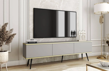 Szafka RTV Luxury 175 cm szara elegancki design korpus zwieńczony złotą listwą szafka wsparta na czarnych metalowych nogach