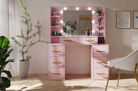 Toaletka Adel 110 cm pudrowy róż z oświetleniem LED toaletka z lustrem w stylu glamour pojemne szuflady metalowe uchwyty