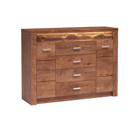 Komoda z szufladami Indiana 137 cm jesion jasny elegancka stylistyka komody ozdobna deska na froncie komody oświetlona LED