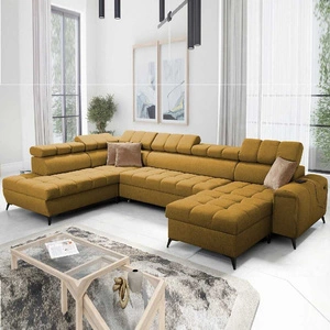 Narożnik z funkcją spania Bolmso VI musztardowy prawostronny wygodny narożnik z regulowanymi zagłówkami dekoracyjne pikowania na siedzisku