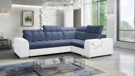 Narożnik z funkcją spania Luigi II niebieski / biały prawostronny komfort podczas codziennego wypoczynku narożnik z pojemnikiem na pościel