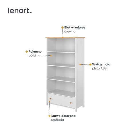 Regał Story 85 cm biały / dąb nash oryginalna bryła w stonowanej kolorystyce doskonały regał do pokoju młodzieżowego pojemna szuflada