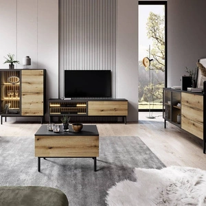 Zestaw mebli Clovis czarny / dąb evoke nietuzinkowy design system push to open przeszklone fronty lamele we wnętrzu meblościanki