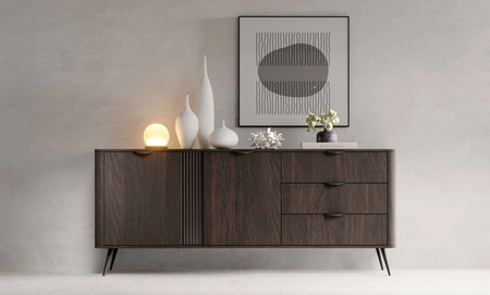 Komoda z szufladami Veris 195 cm dąb dunin / czarny nowoczesny design komody do salonu stylowe uchwyty krawędziowe modna kolorystyka