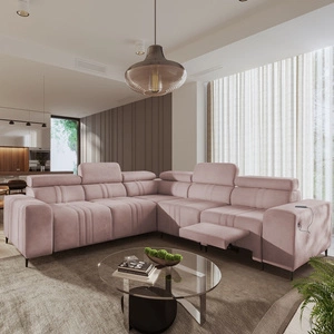 Narożnik z funkcją spania Castel III Lux różowy prawostronny niezwykle komfortowy narożnik do salonu z wysuwanym podnóżkiem