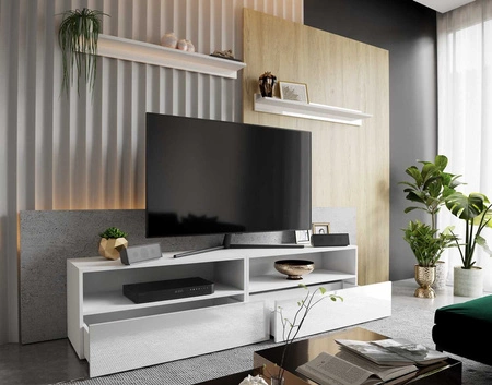 Szafka RTV Plisii 172 cm biała / biały połysk z możliwością powieszenia i półkami stylowy design wpisujący się w każde wnętrze