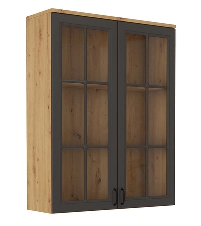 Kredens Style 100 cm dąb artisan / szary grafit klasyczny design bezpieczne szkło hartowane stylowe frezowane fronty metalowe uchwyty