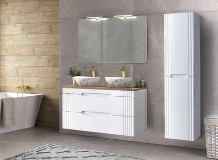 Szafka pod umywalkę Fiji White 120 cm biała pojemna szafka z szufladami stylowe frezowane uchwyty oraz ryflowane fronty