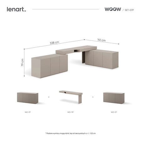 Biurko narożne Woow 338x141 cm clay grey prawe uniwersalne biurko z szufladami z opcją obustronnego montażu duże szafki w zestawie