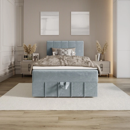 Łóżko kontynentalne Casey 120x200 turkusowe w nowoczesnym skandynawskim stylu z tapicerowanym zagłówkiem łóżko z pojemnikiem