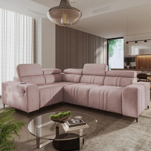 Narożnik z funkcją spania Castel II różowy lewostronny komfortowy narożnik z regulowanymi zagłówkami pojemnik na pościel