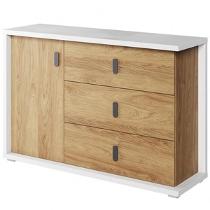 Komoda z szufladami Simi 135 cm biały / hikora naturalna nowoczesna komoda o ciekawym designie z metalowymi uchwytami