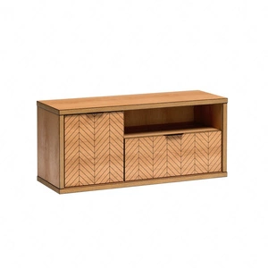 Szafka RTV Fonti 118 cm dąb karmel elegancka stylistyka szafki z szufladą czarne uchwyty krawędziowe finezyjne zdobienie frontów